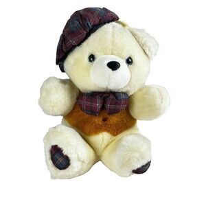 Loveable Huggable Friends White Teddy Bear Plush with Plaid Beret and Bow Tie